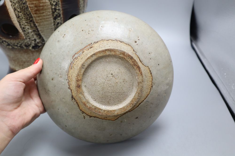 An early Mike Dodd Studio pottery bowl and a pottery lamp base, height 47cm